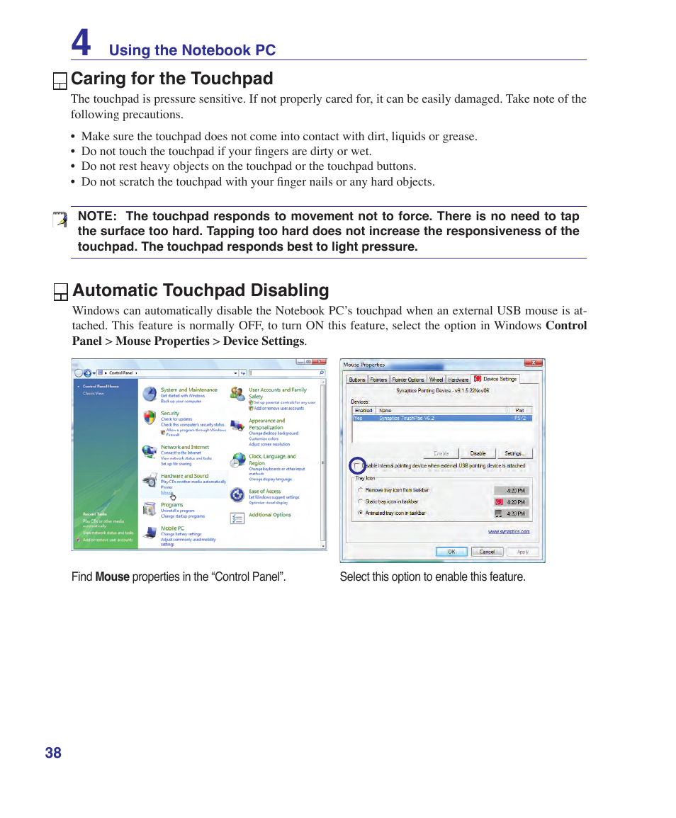 Caring for the touchpad, Automatic touchpad disabling | Asus U1 User Manual | Page 38 / 87