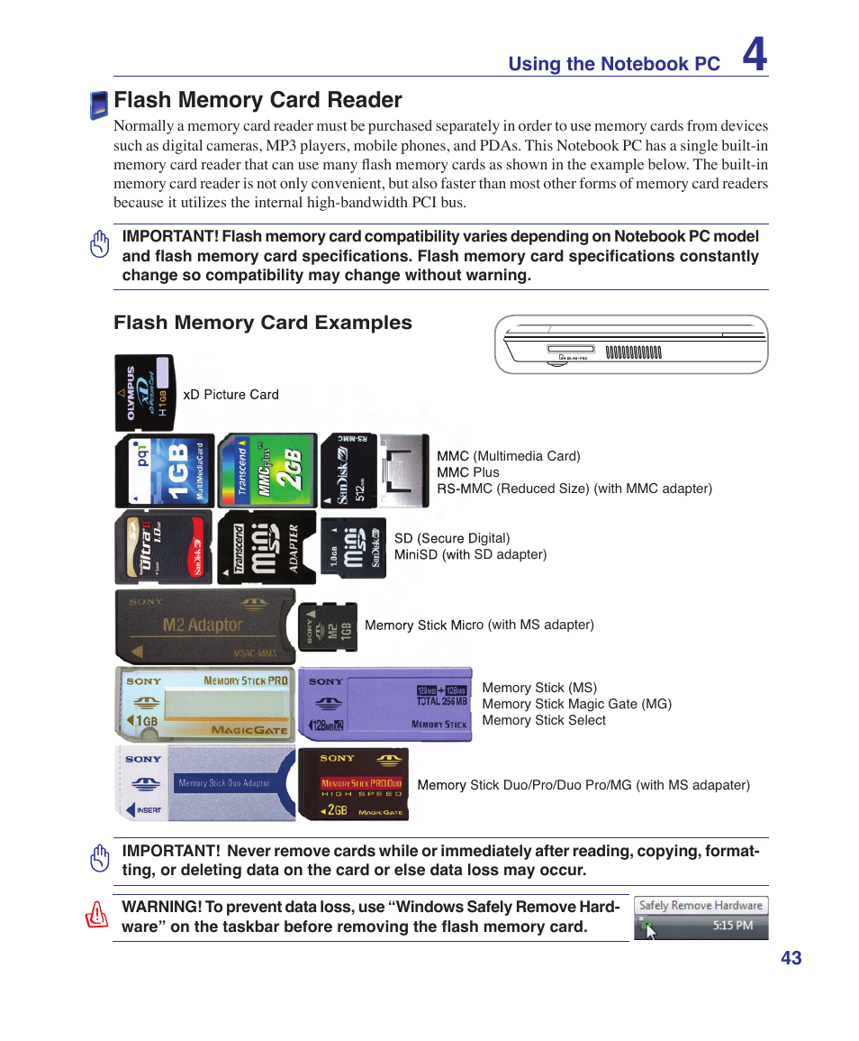 Flash memory card reader | Asus U1 User Manual | Page 43 / 87