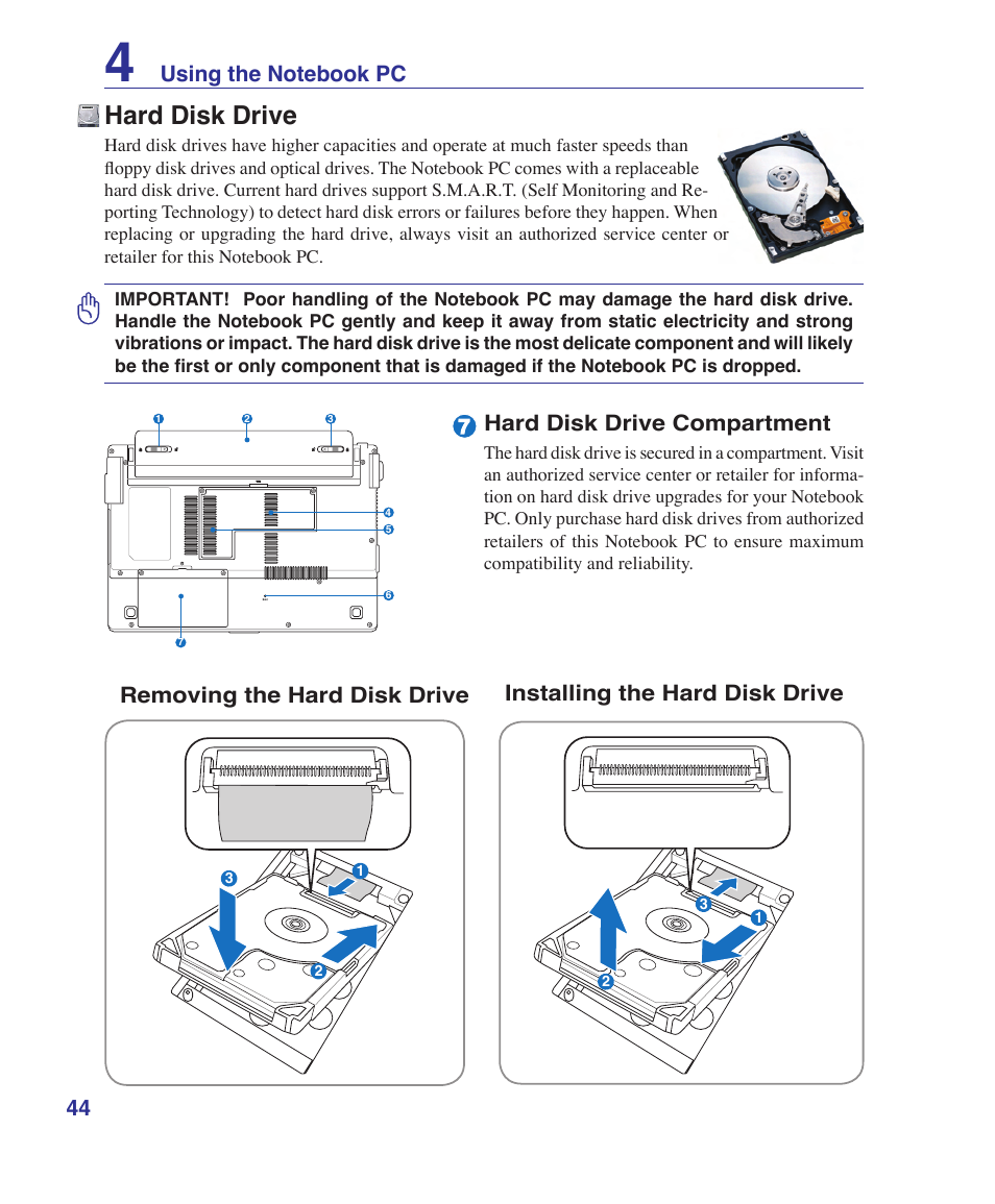 Hard disk drive, Hard disk drive compartment | Asus U1 User Manual | Page 44 / 87