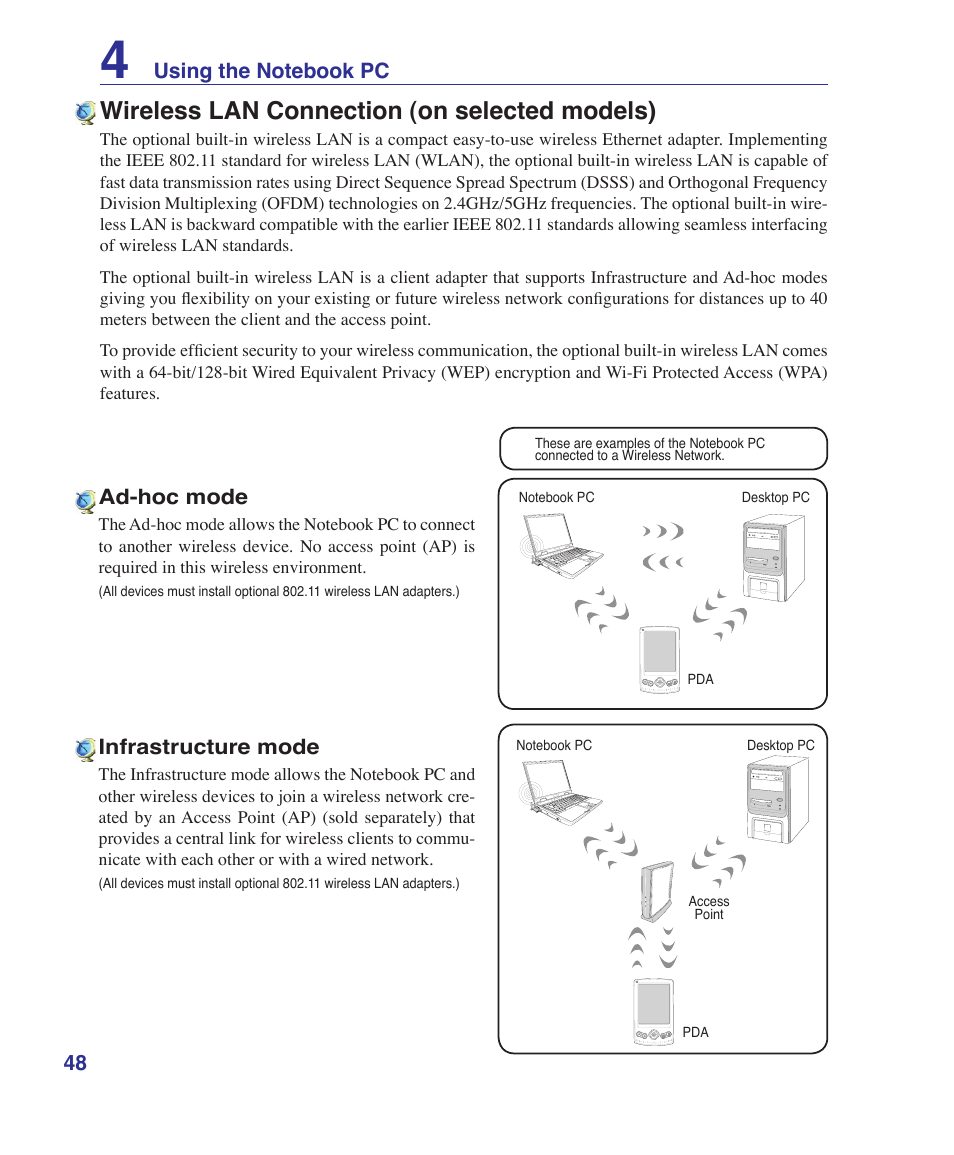 Wireless lan connection (on selected models) | Asus U1 User Manual | Page 48 / 87