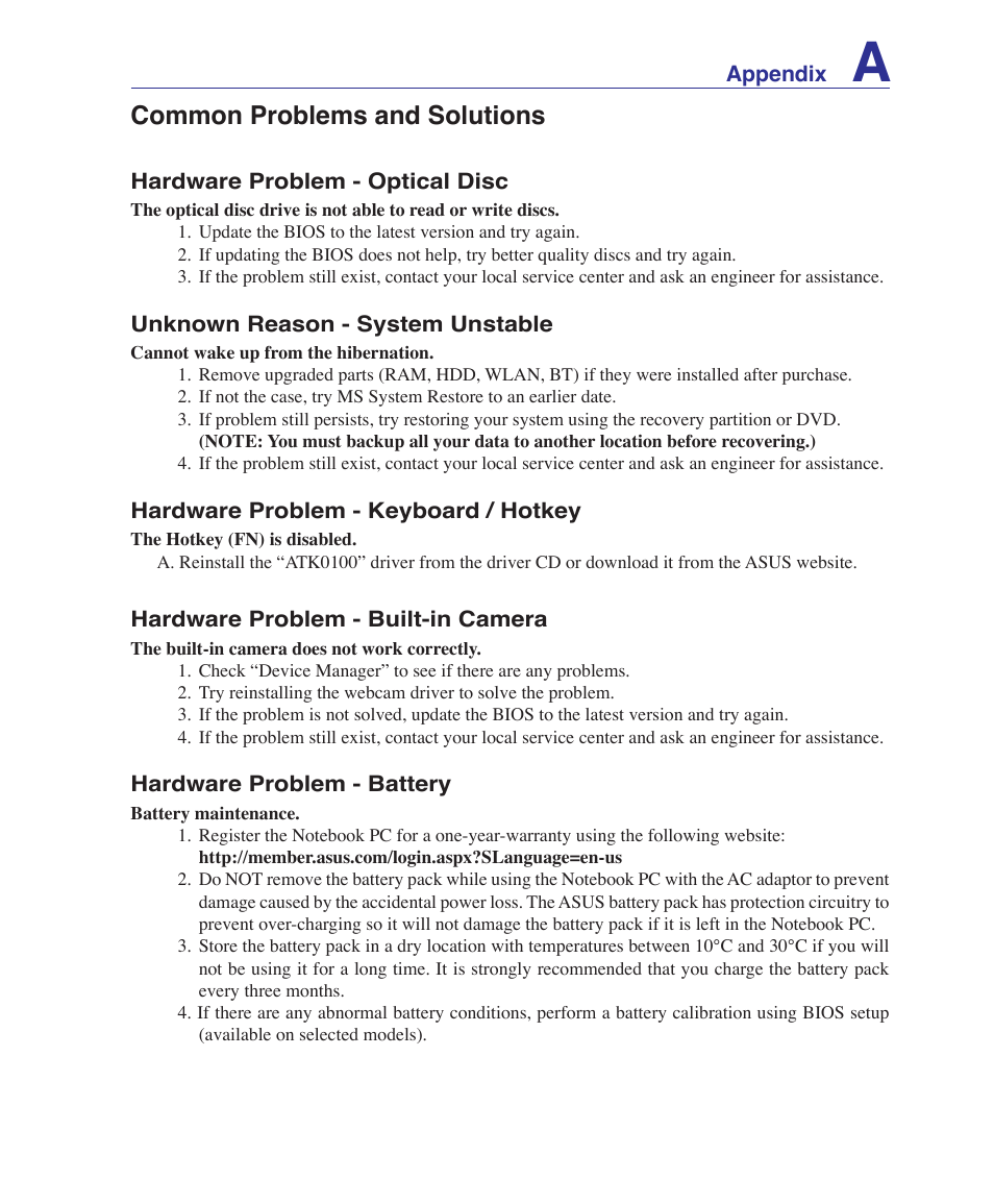 Common problems and solutions | Asus U1 User Manual | Page 63 / 87