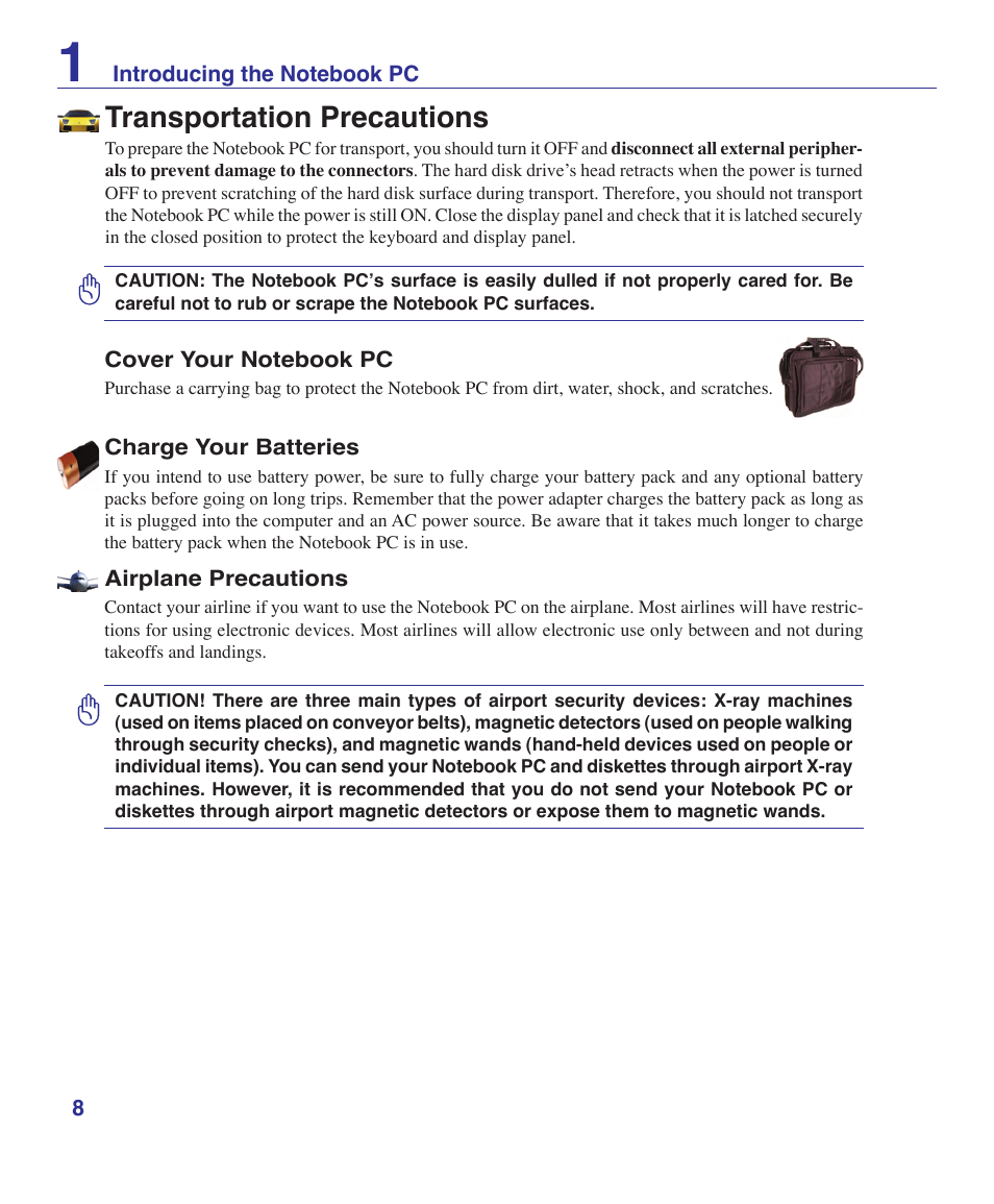 Transportation precautions | Asus U1 User Manual | Page 8 / 87