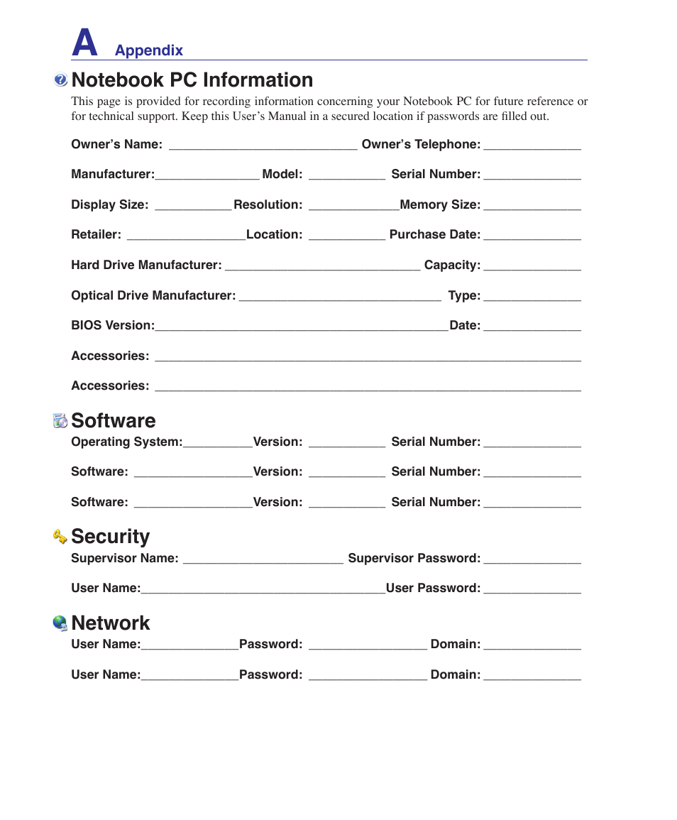 Notebook pc information, Software, Security | Network | Asus U1 User Manual | Page 86 / 87