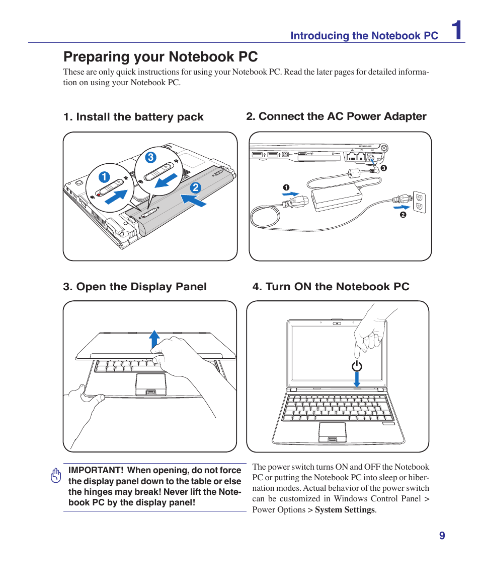 Preparing your notebook pc | Asus U1 User Manual | Page 9 / 87