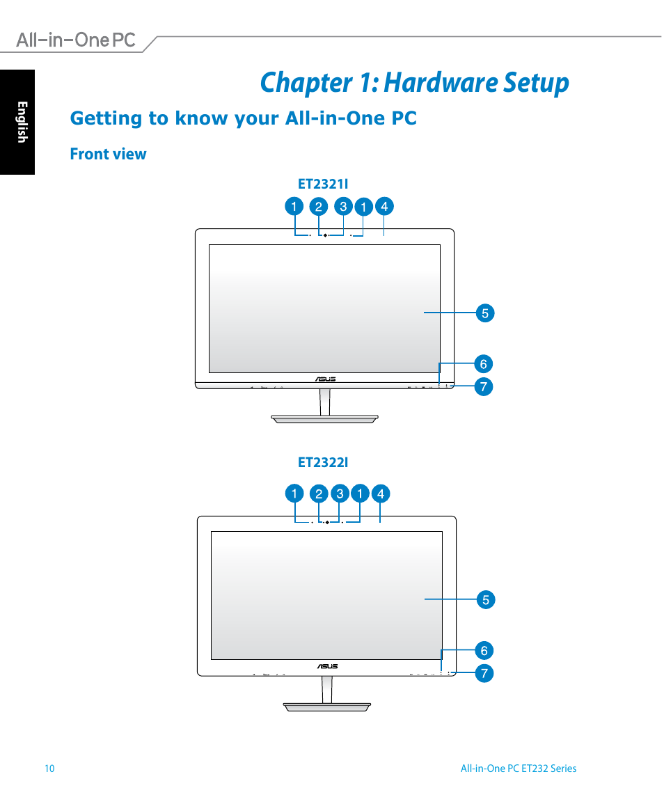 Chapter 1: hardware setup, Getting to know your all-in-one pc, Front view | Asus ET2322IUTH User Manual | Page 10 / 58