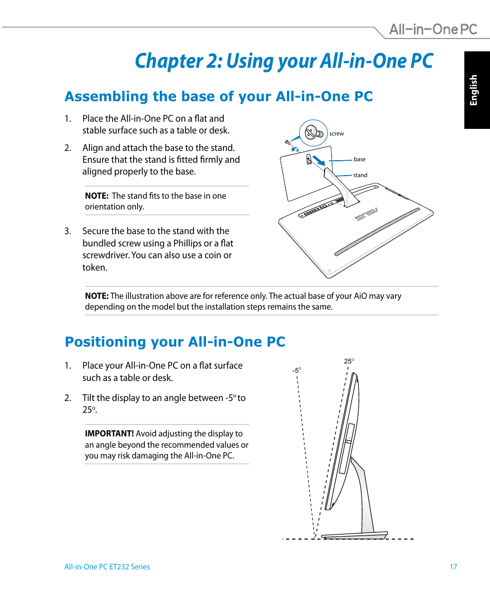 Chapter 2: using your all-in-one pc, Assembling the base of your all-in-one pc, Positioning your all-in-one pc | Asus ET2322IUTH User Manual | Page 17 / 58