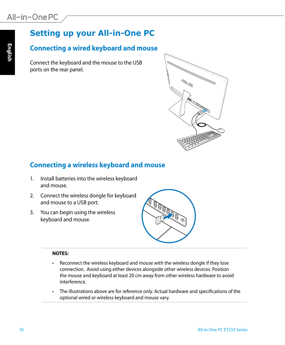 Setting up your all-in-one pc, Connecting a wired keyboard and mouse, Connecting a wireless keyboard and mouse | Asus ET2322IUTH User Manual | Page 18 / 58