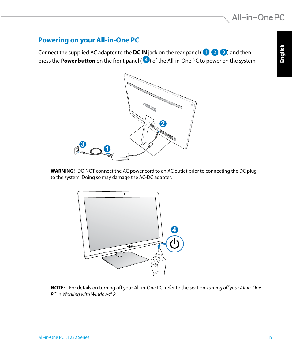 Powering on your all-in-one pc | Asus ET2322IUTH User Manual | Page 19 / 58