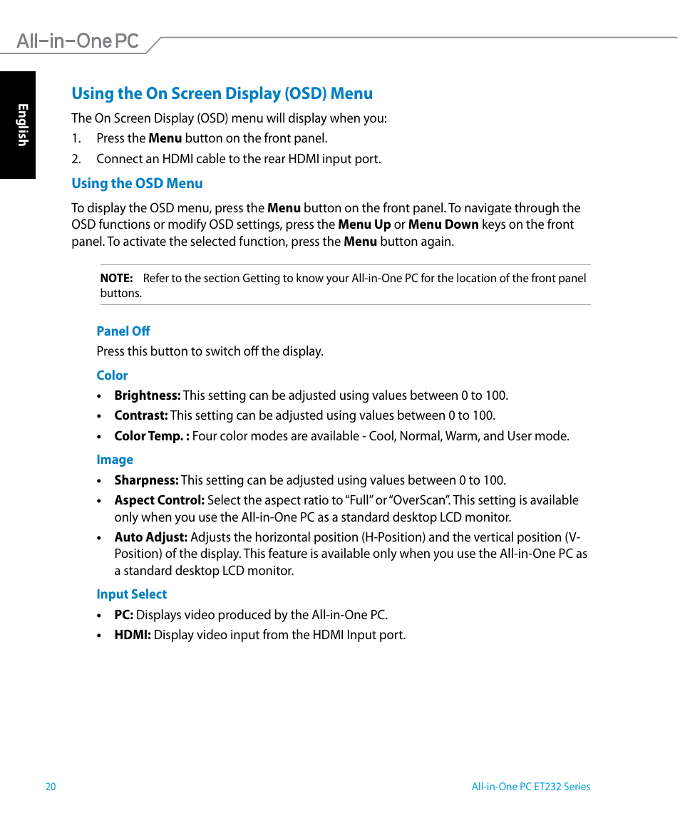 Using the on screen display (osd) menu | Asus ET2322IUTH User Manual | Page 20 / 58