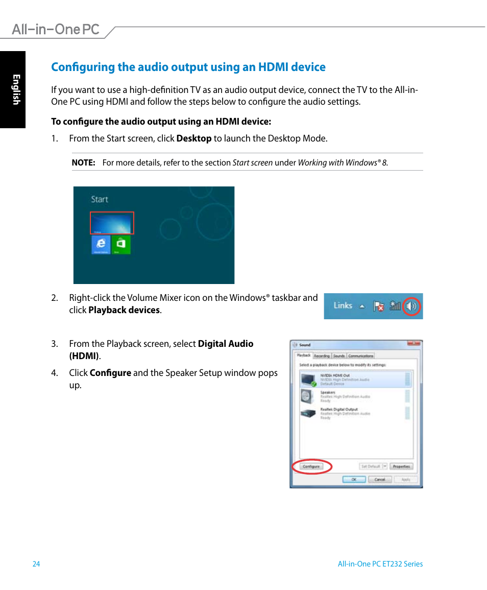 Configuring the audio output using an hdmi device | Asus ET2322IUTH User Manual | Page 24 / 58