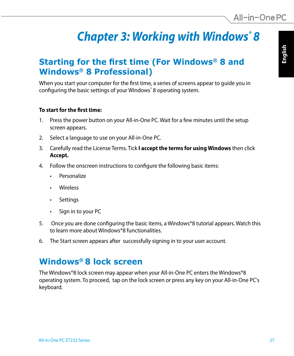 Chapter 3: working with windows® 8, Windows® 8 lock screen, Chapter 3: working with windows | Starting for the first time (for windows, 8 and windows, 8 professional), Windows, 8 lock screen | Asus ET2322IUTH User Manual | Page 27 / 58