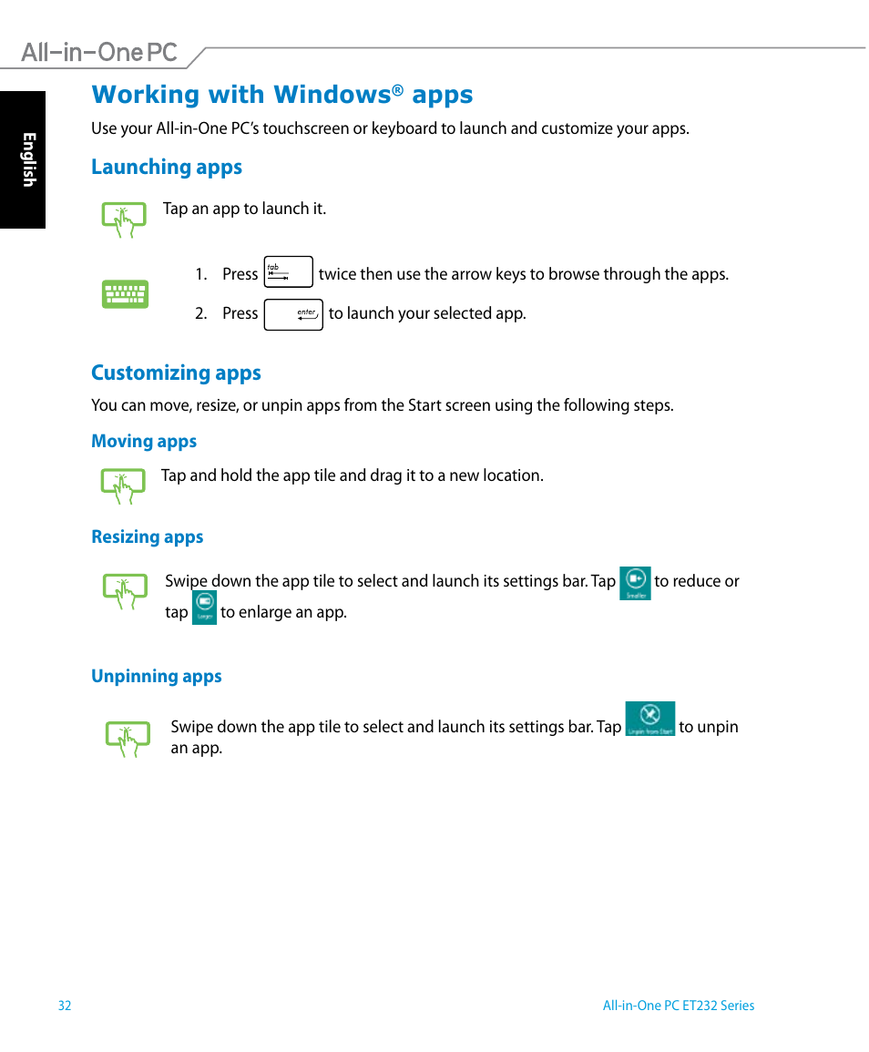 Working with windows® apps, Launching apps, Customizing apps | Working with windows, Apps | Asus ET2322IUTH User Manual | Page 32 / 58