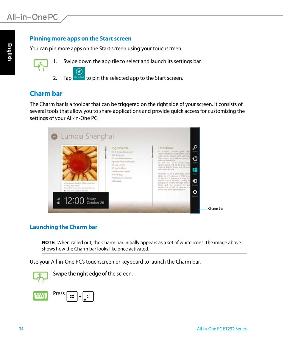 Charm bar | Asus ET2322IUTH User Manual | Page 34 / 58