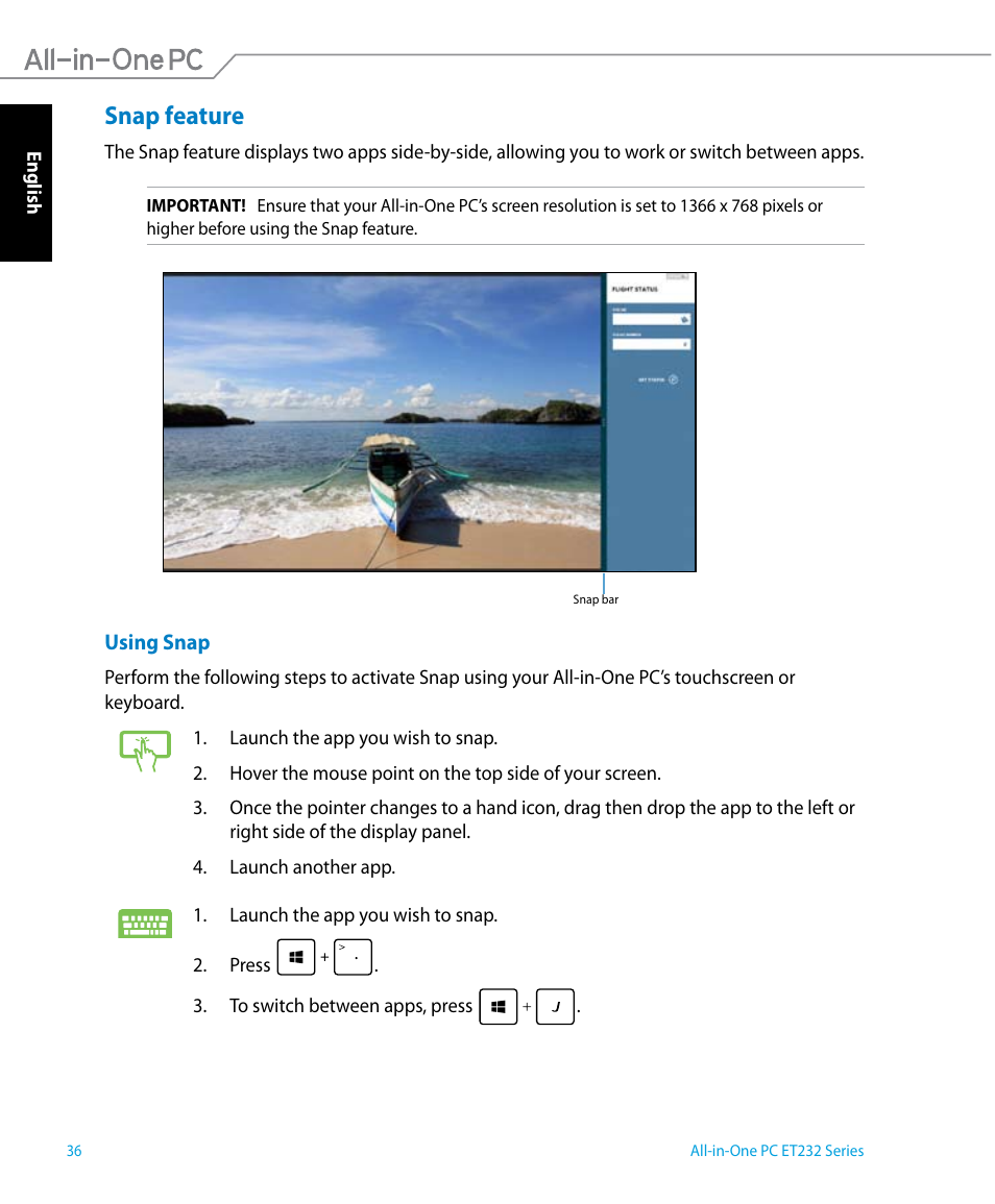 Snap feature | Asus ET2322IUTH User Manual | Page 36 / 58