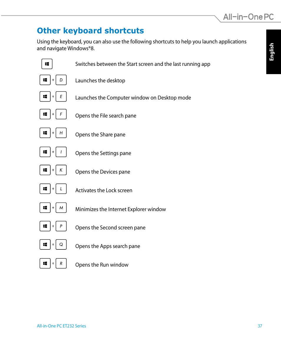 Other keyboard shortcuts | Asus ET2322IUTH User Manual | Page 37 / 58