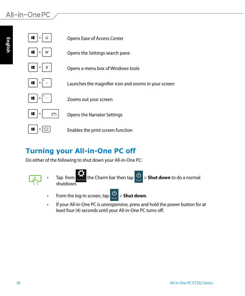 Turning your all-in-one pc off | Asus ET2322IUTH User Manual | Page 38 / 58