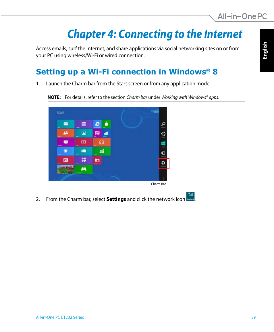 Chapter 4: connecting to the internet, Setting up a wi-fi connection in windows® 8, Setting up a wi-fi connection in windows | Asus ET2322IUTH User Manual | Page 39 / 58