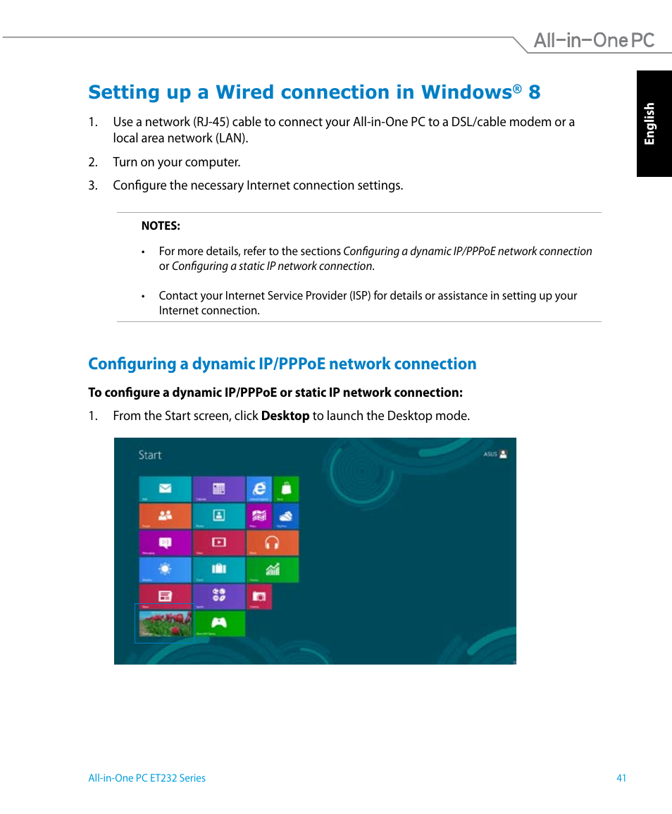 Setting up a wired connection in windows® 8, Configuring a dynamic ip/pppoe network connection, Setting up a wired connection in windows | Asus ET2322IUTH User Manual | Page 41 / 58