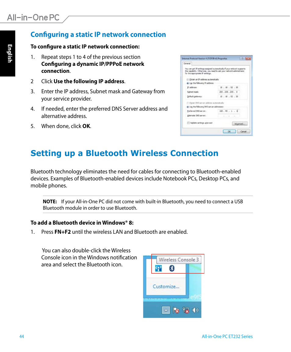 Configuring a static ip network connection, Setting up a bluetooth wireless connection | Asus ET2322IUTH User Manual | Page 44 / 58