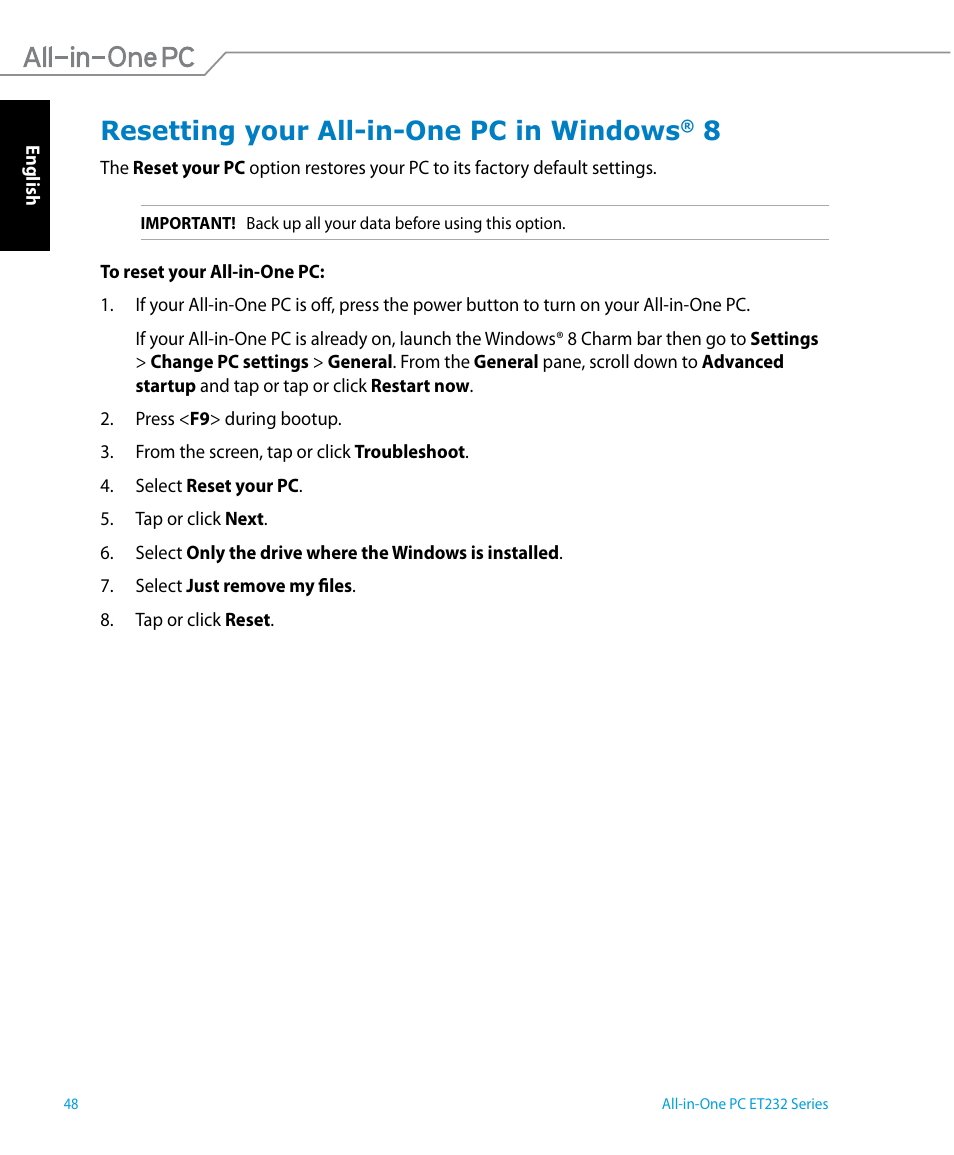 Resetting your all-in-one pc in windows® 8, Resetting your all-in-one pc in windows | Asus ET2322IUTH User Manual | Page 48 / 58