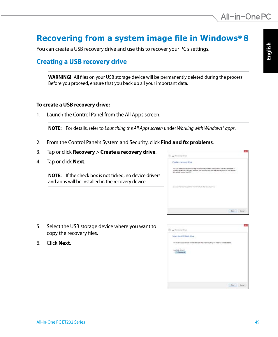 Recovering from a system image file in windows® 8, Creating a usb recovery drive, Recovering from a system image file in windows | Asus ET2322IUTH User Manual | Page 49 / 58