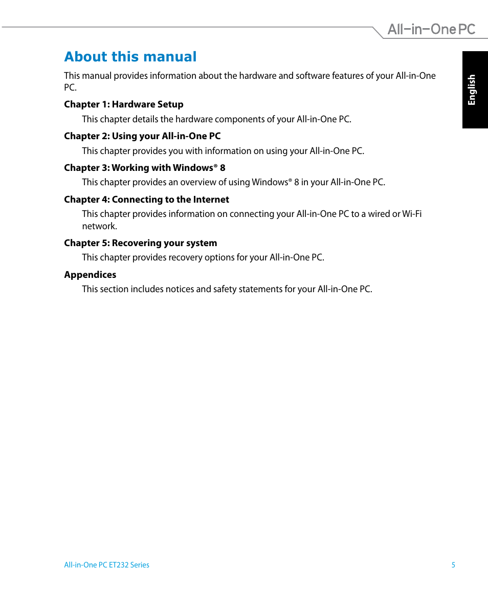 About this manual | Asus ET2322IUTH User Manual | Page 5 / 58