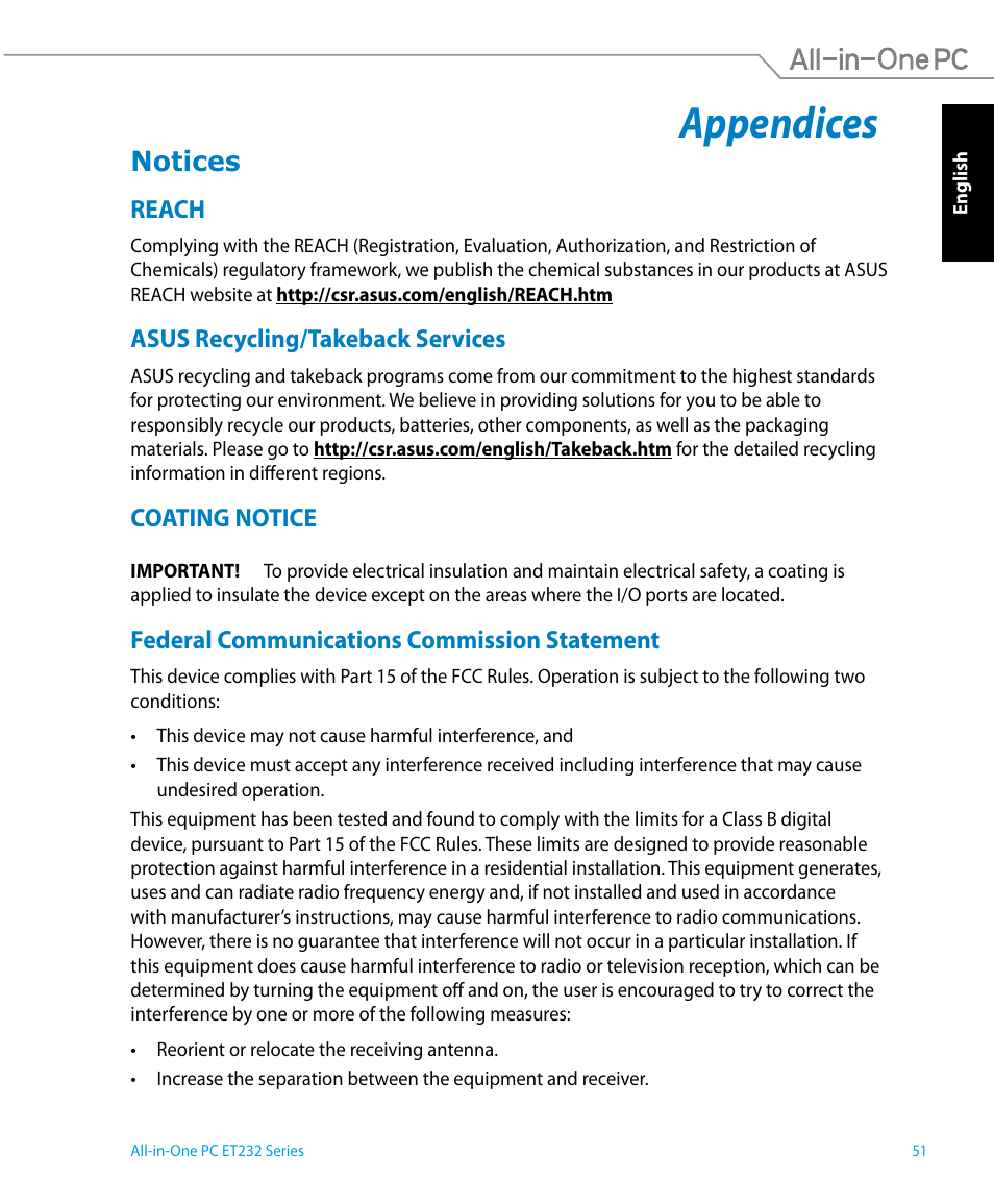 Appendices, Notices, Appendices 51 | Reach, Asus recycling/takeback services, Coating notice, Federal communications commission statement | Asus ET2322IUTH User Manual | Page 51 / 58