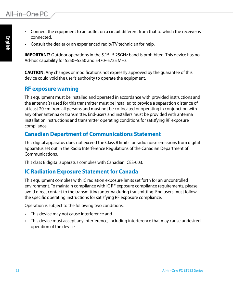 Rf exposure warning, Canadian department of communications statement, Ic radiation exposure statement for canada | Asus ET2322IUTH User Manual | Page 52 / 58