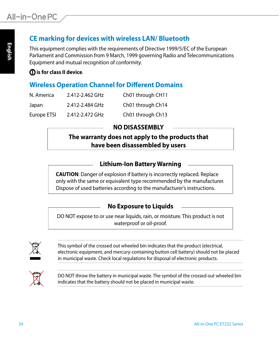 Wireless operation channel for different domains, No exposure to liquids | Asus ET2322IUTH User Manual | Page 54 / 58