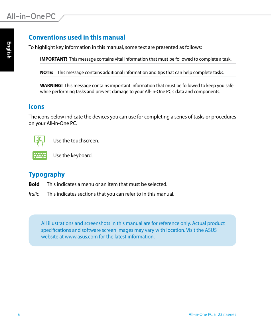 Conventions used in this manual, Icons, Typography | Conventions used in this manual icons typography | Asus ET2322IUTH User Manual | Page 6 / 58