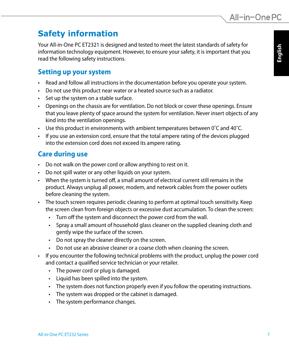 Safety information, Setting up your system, Care during use | Setting up your system care during use | Asus ET2322IUTH User Manual | Page 7 / 58