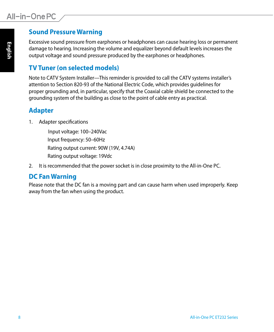 Sound pressure warning, Tv tuner (on selected models), Adapter | Dc fan warning | Asus ET2322IUTH User Manual | Page 8 / 58