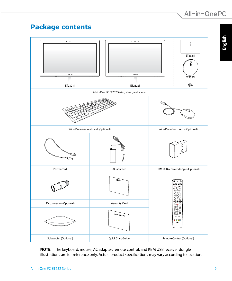 Package contents, English, 9all-in-one pc et232 series | Asus ET2322IUTH User Manual | Page 9 / 58