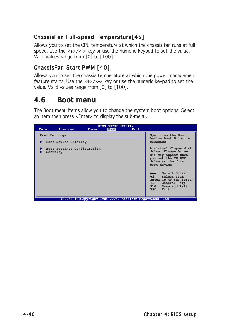 6 boot menu, Chassisfan full-speed temperature[45, Chassisfan start | Asus A8R32-MVP Deluxe User Manual | Page 104 / 168