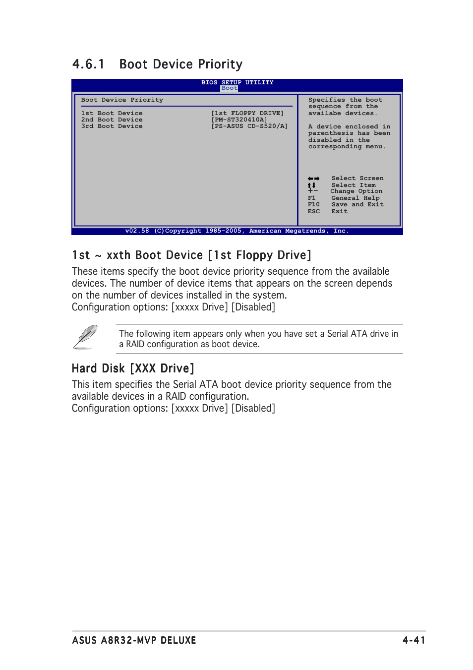 1st ~ xxth boot device [1st floppy drive, Hard disk [xxx drive | Asus A8R32-MVP Deluxe User Manual | Page 105 / 168