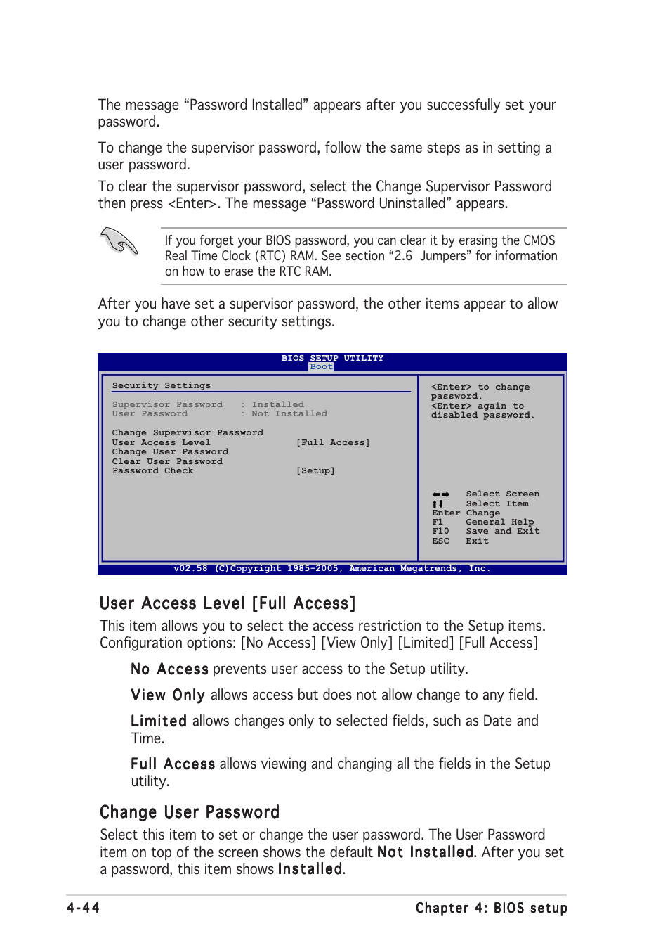 User access level [full access, Change user password | Asus A8R32-MVP Deluxe User Manual | Page 108 / 168