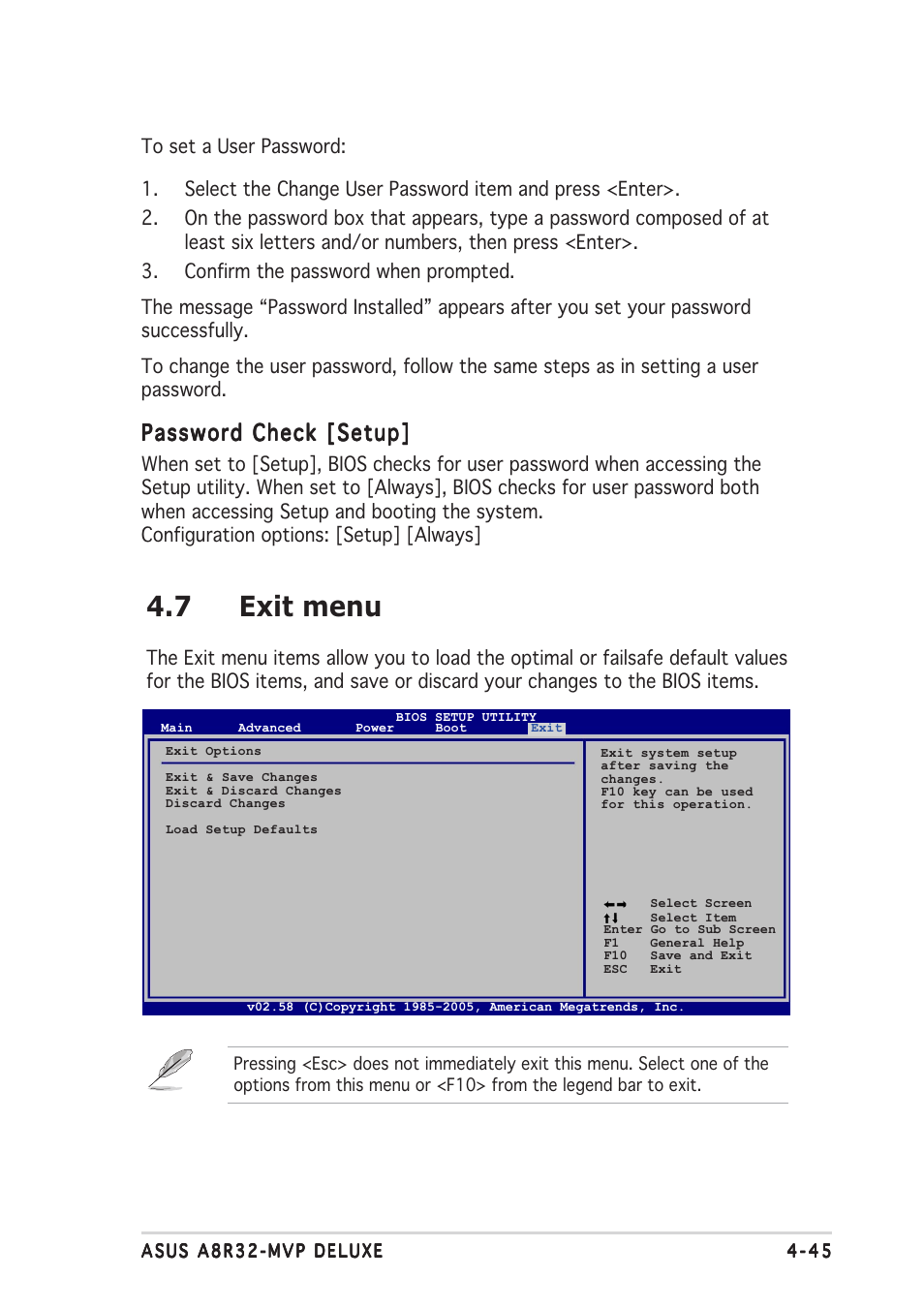 7 exit menu, Password check [setup | Asus A8R32-MVP Deluxe User Manual | Page 109 / 168