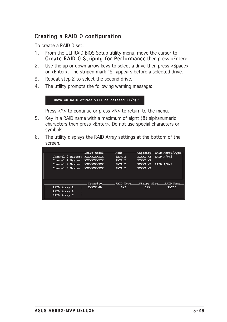 Creating a raid 0 configuration | Asus A8R32-MVP Deluxe User Manual | Page 141 / 168