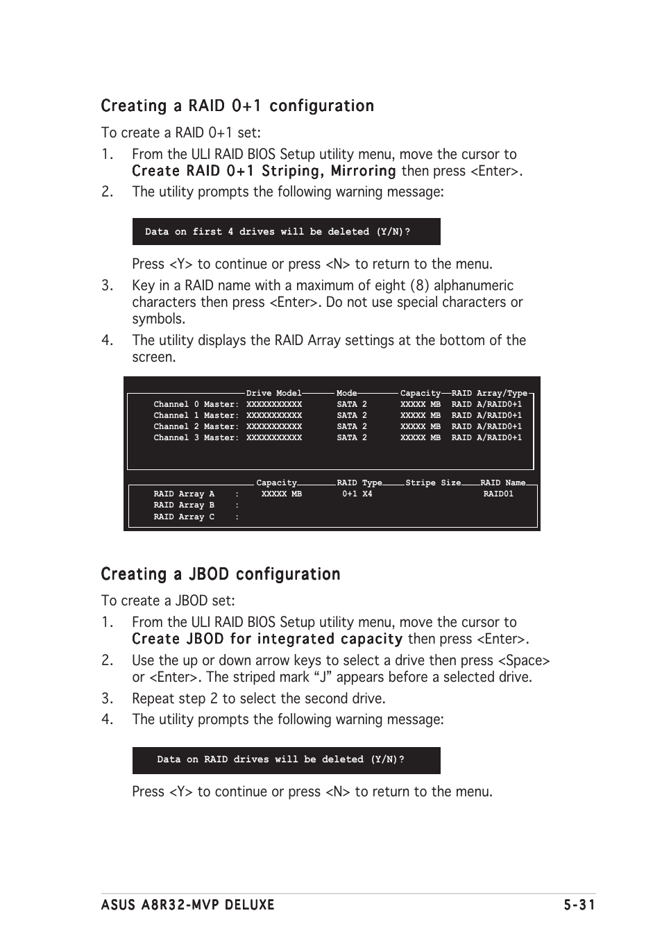 Creating a jbod configuration, Creating a raid 0+1 configuration | Asus A8R32-MVP Deluxe User Manual | Page 143 / 168