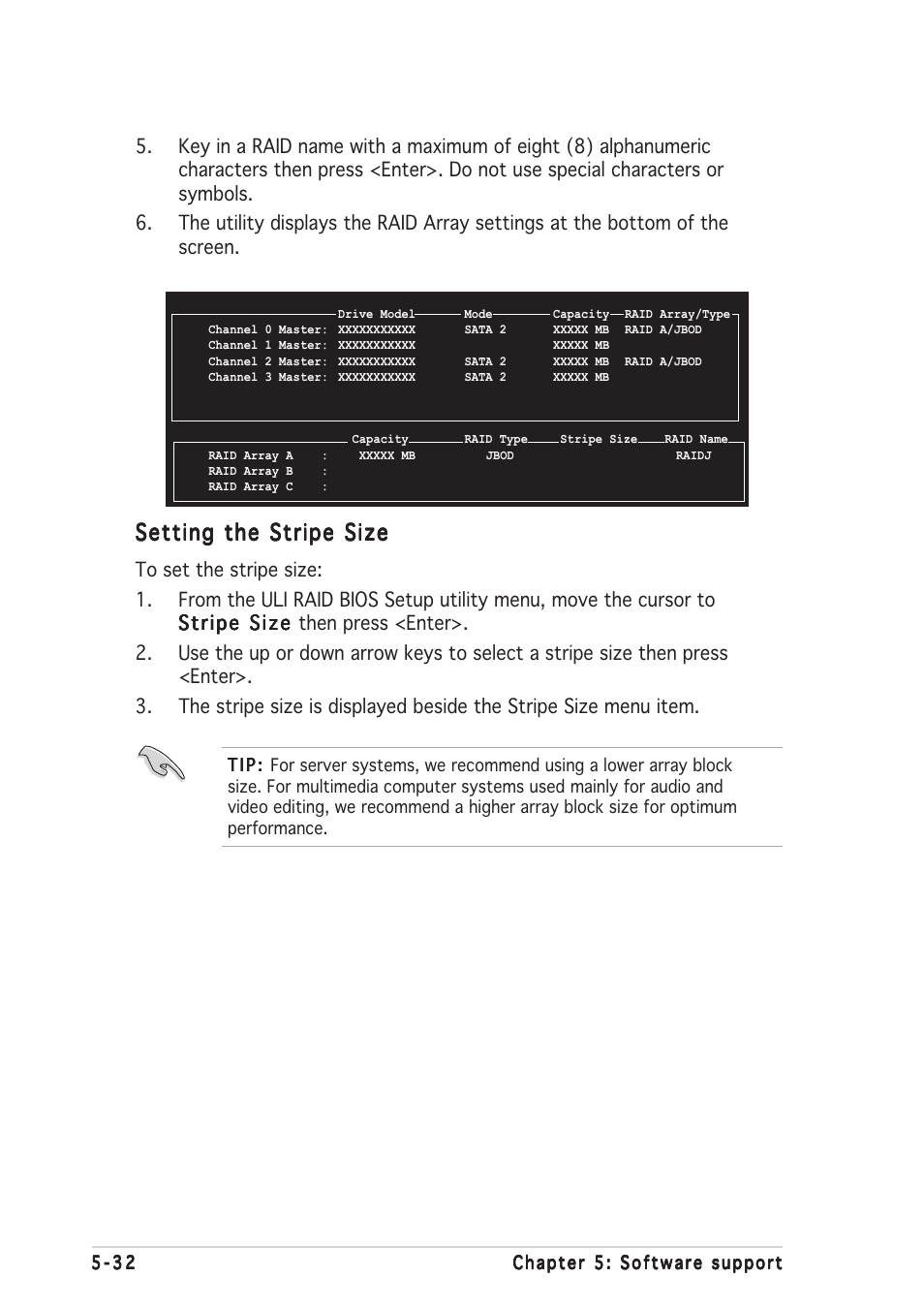 Setting the stripe size | Asus A8R32-MVP Deluxe User Manual | Page 144 / 168