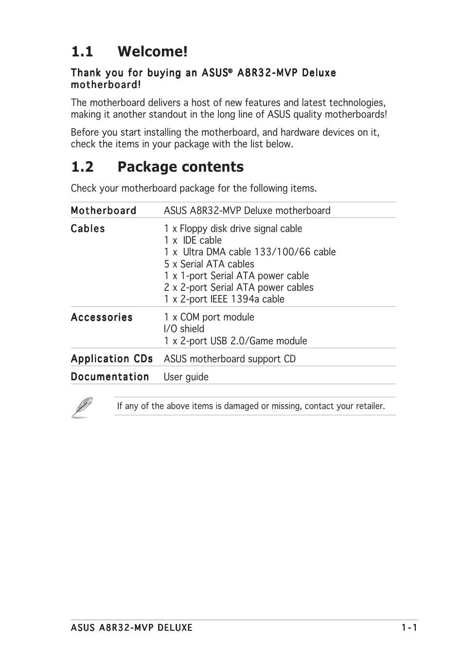 1 welcome, 2 package contents | Asus A8R32-MVP Deluxe User Manual | Page 17 / 168