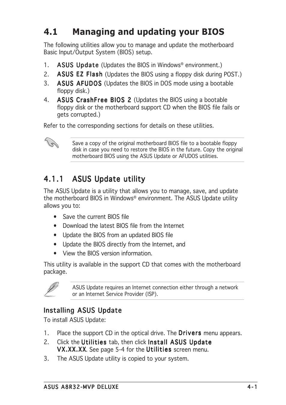 1 managing and updating your bios | Asus A8R32-MVP Deluxe User Manual | Page 65 / 168