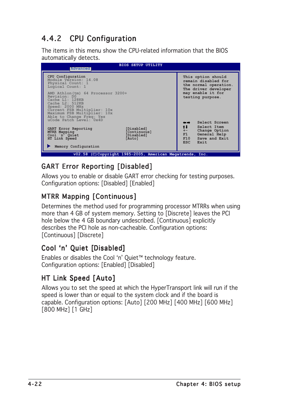 Gart error reporting, Mtrr mapping [continuous, Cool ‘n’ quiet | Ht link speed [auto | Asus A8R32-MVP Deluxe User Manual | Page 86 / 168