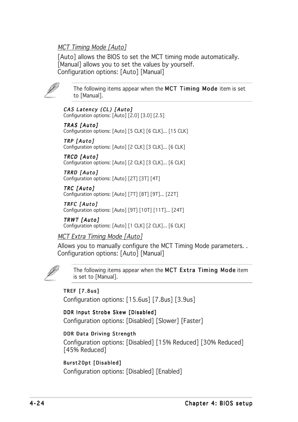 Configuration options: [disabled] [slower] [faster, Configuration options: [disabled] [enabled | Asus A8R32-MVP Deluxe User Manual | Page 88 / 168