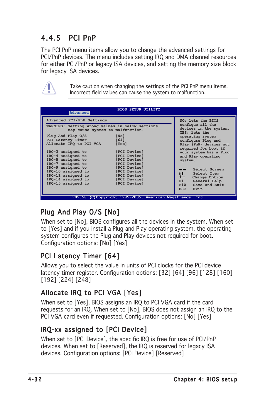 5 pci pnp pci pnp pci pnp pci pnp pci pnp, Plug and play o/s [no, Pci latency timer [64 | Allocate irq to pci vga [yes, Irq-xx assigned to [pci device | Asus A8R32-MVP Deluxe User Manual | Page 96 / 168