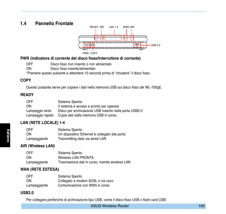 4 pannello frontale | Asus WL-700gE User Manual | Page 101 / 169