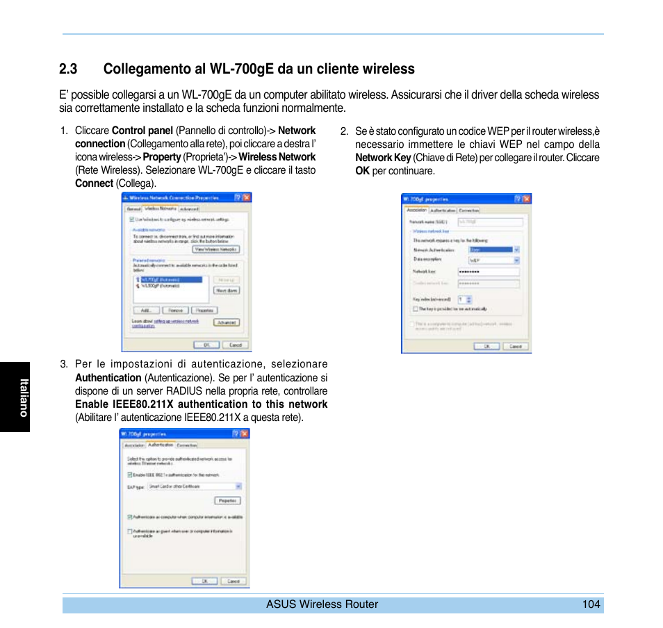 3 collegamento al wl-700ge da un cliente wireless | Asus WL-700gE User Manual | Page 105 / 169