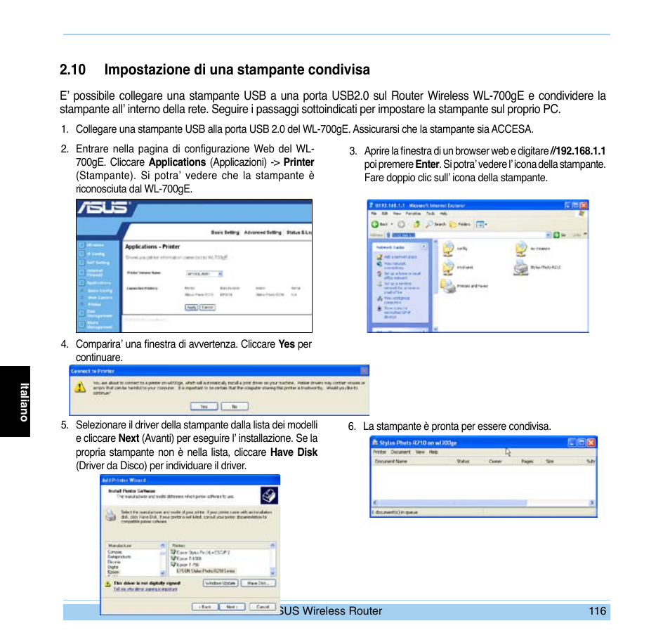 10 impostazione di una stampante condivisa | Asus WL-700gE User Manual | Page 117 / 169