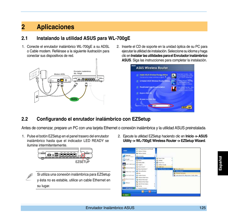 2aplicaciones, 1 instalando la utilidad asus para wl-700ge | Asus WL-700gE User Manual | Page 126 / 169