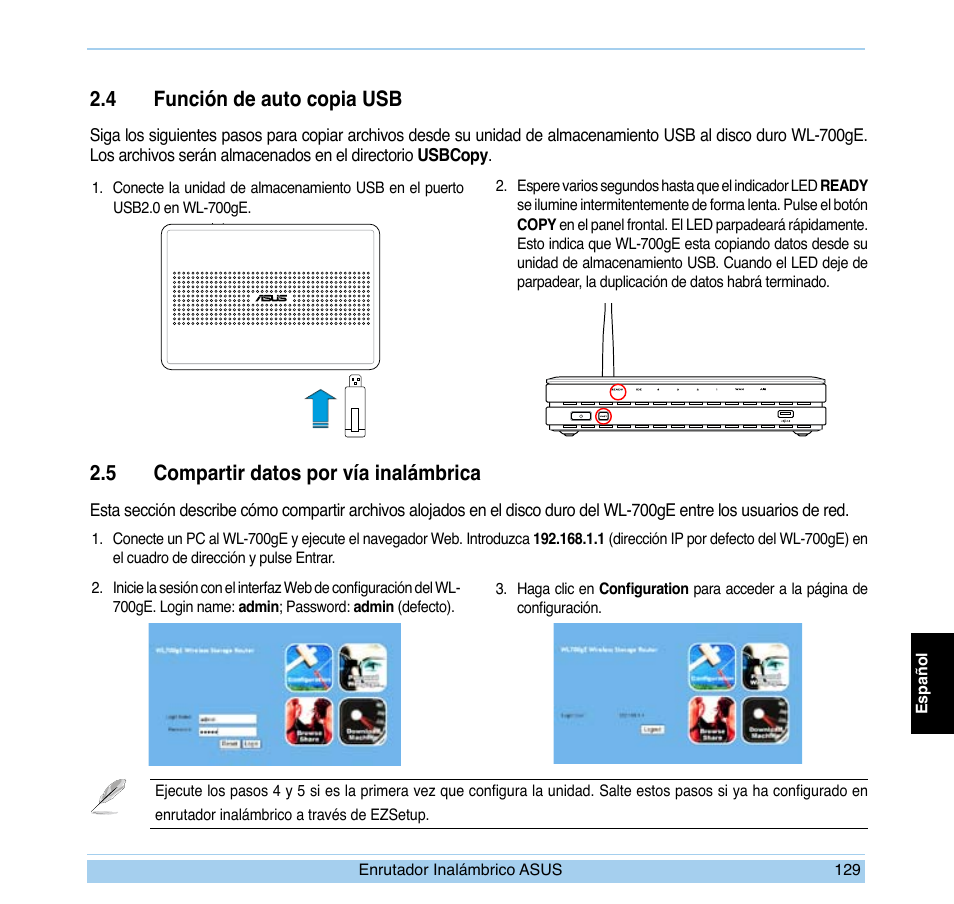 4 función de auto copia usb, 5 compartir datos por vía inalámbrica | Asus WL-700gE User Manual | Page 130 / 169